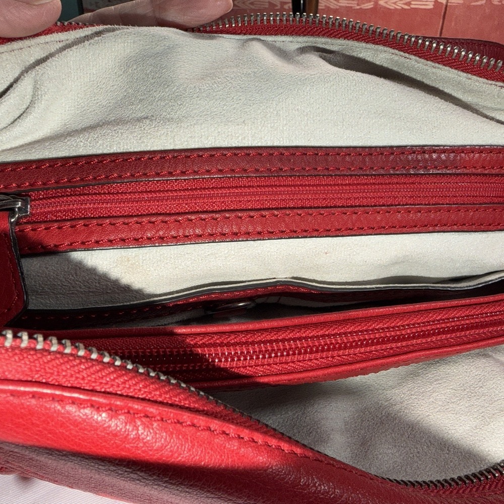 B. Makowsky Red Shoulder Bag Gun Metal Silver Hardware Pockets Double Handles - Picture 6 of 10
